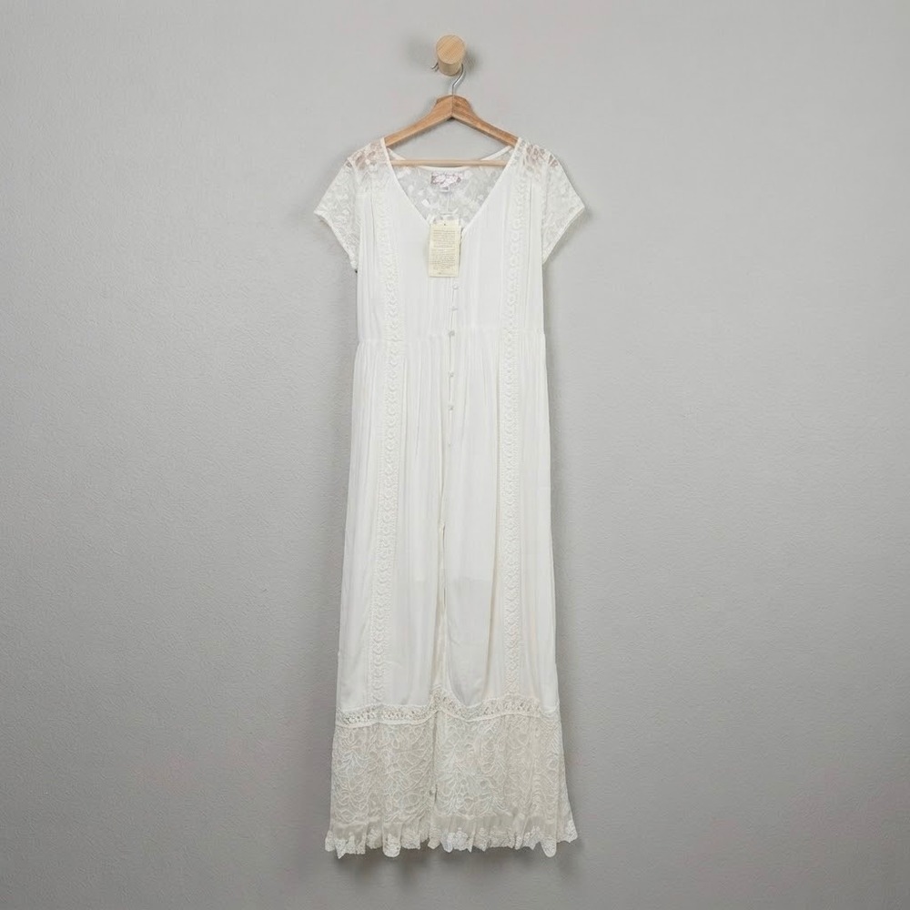 Band of Gypsies Romantic White Lace Button Maxi Dress Indie Folk Boho M NWT